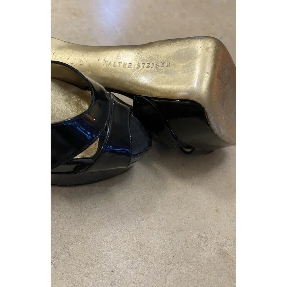 WALTER STEIGER Black Patent PLATFORM CURVED HEEL Shoes Size EU 39/ US 8.5, $895